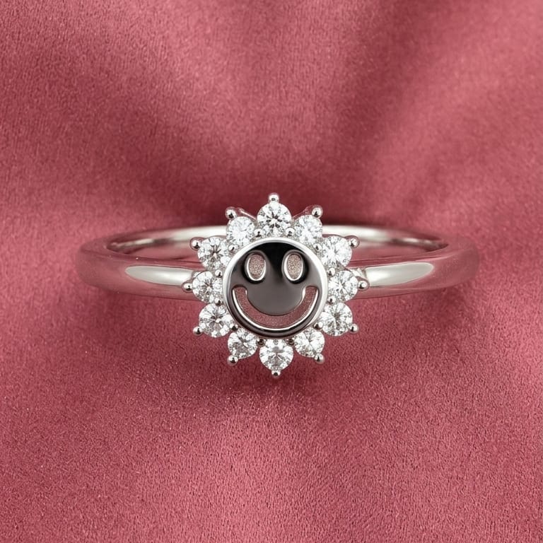 925 Sterling Silver Cute Smiley Face Finger Ring | Crystal Sunflower Adjustable Ring for Girls