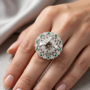Royal Emerald & Champagne Heart Filigree Cocktail Ring